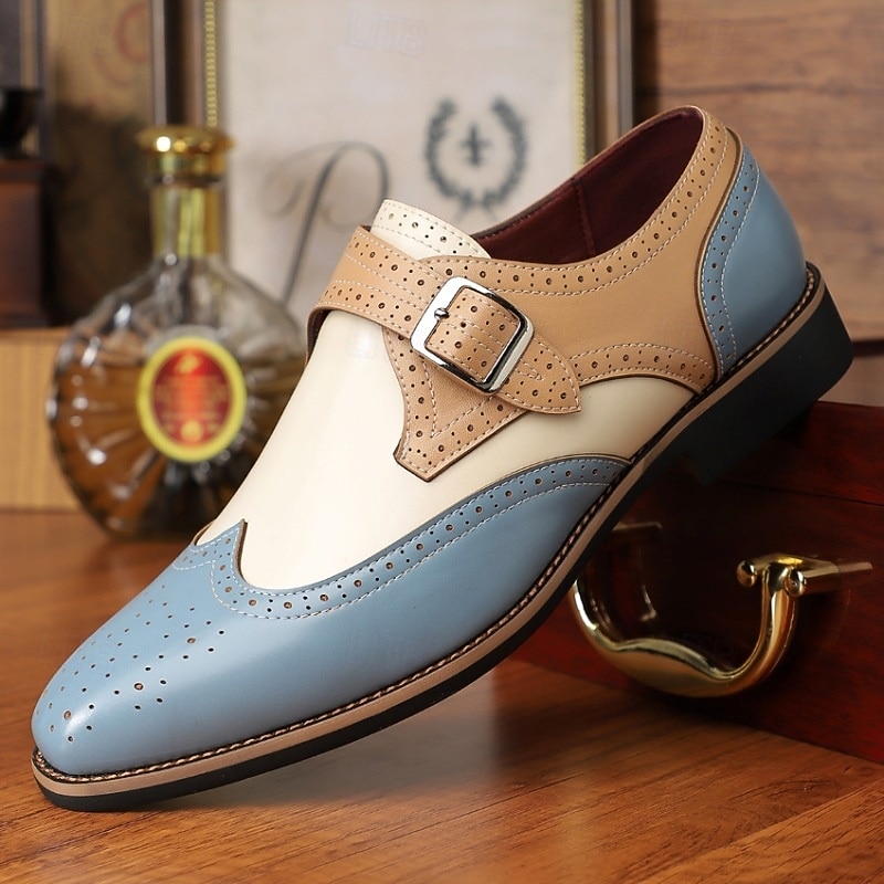 Men's Two-Tone Faux Leather Monk Strap Shoes - Elegant Brogue Dress Shoes with Buckle Closure for Formal and Vintage Style