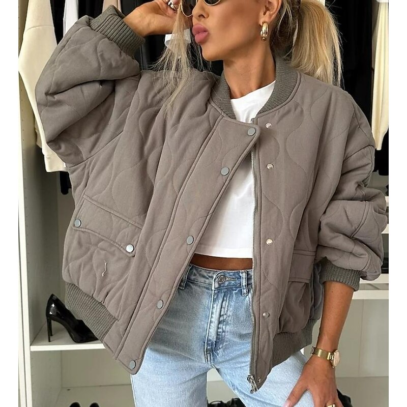 Women's Winter Coat Warm Zipper Pocket Casual Street Style Plain Vacation Street Daily Wear Zipper Stand Collar Regular Fit Long Sleeve Outerwear Black Khaki Dark Grey Fall Winter
