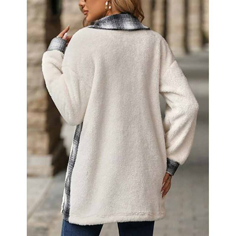 Women's Coat Casual Jacket Daily Wear Vacation Fall Winter Long Coat Loose Fit Warm Stylish Street Style Jacket Long Sleeve Stripes and Plaid with Pockets Black White Wine4