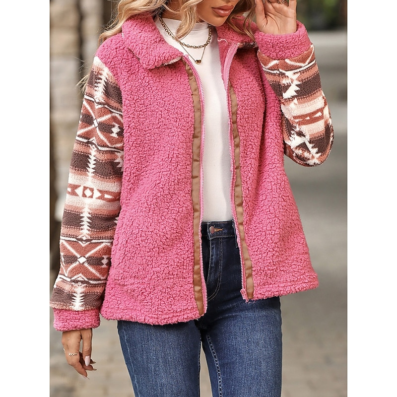 Women's Fleece Jacket Teddy Coat Hoodie Jacket Warm Breathable Zipper Pocket Fleece Lined Vintage Casual Geometric Vacation Street Daily Wear Going out Zipper Regular Turndown Regular Fit Long Sleeve4
