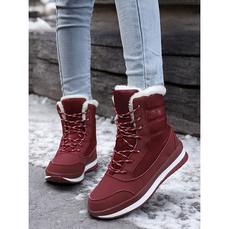 Women's Red Lace-Up Waterproof Winter Boots with Plush Lining and Non-Slip Sole – Stylish Snow Boots for Cold Weather