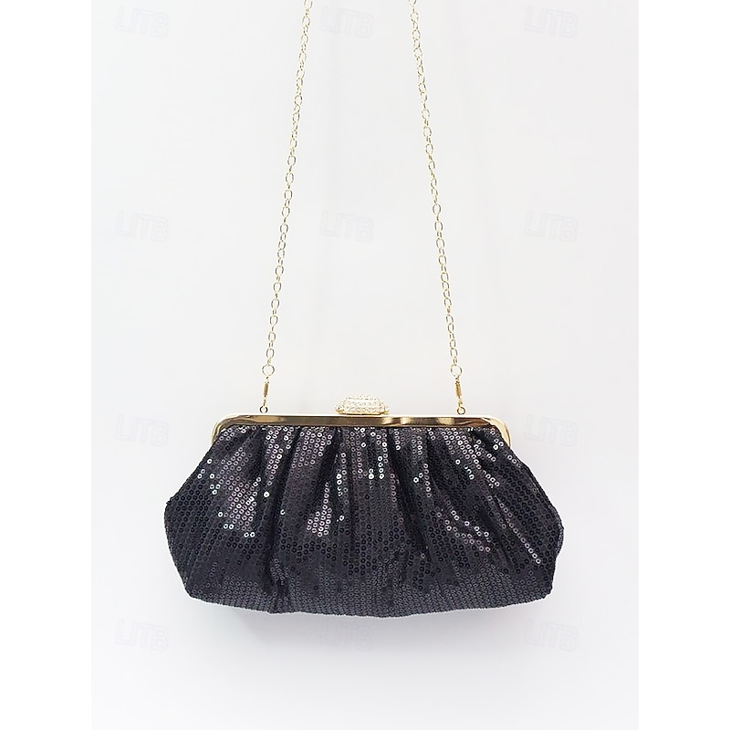 Women's Gold Sequin Evening Clutch Bag with Chain Strap – Elegant Bridal or Party Purse for Special Occasions4