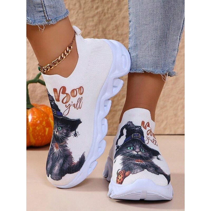 Women's Halloween-Themed Slip-On Sneakers with Cat Print – Comfortable Knit Shoes for Casual and Festive Wear2