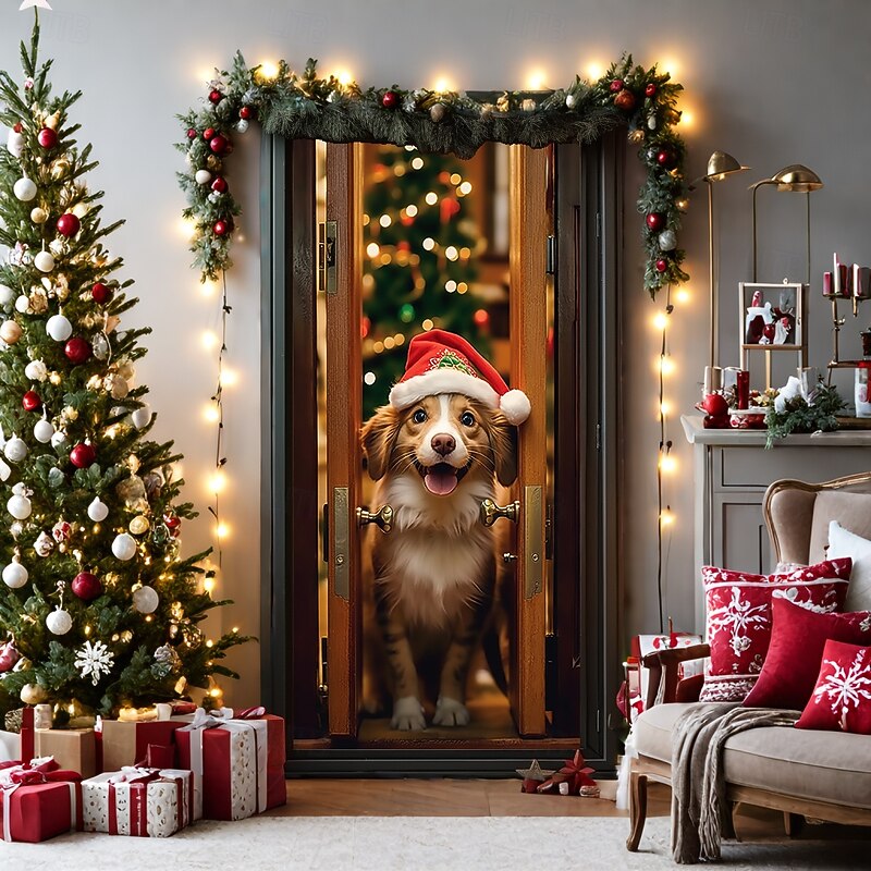 Christmas Door Decorations Door Covers Xmas Animal Dog Door Tapestry Door Curtain Decoration Backdrop Door Banner for Front Door Farmhouse Holiday Party Decor Supplies Indoor/Outdoor2