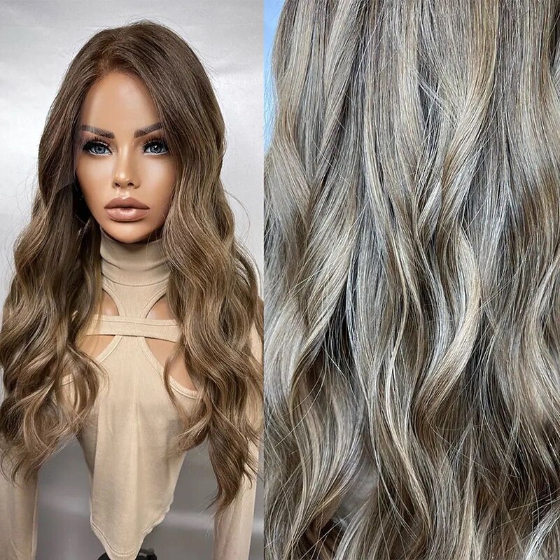 Remy Human Hair 13x4 Lace Front Wig Middle Part Peruvian Hair Wavy Multi-color Wig 130% 150% Density Ombre Hair Highlighted / Balayage Hair Natural Hairline Glueless Pre-Plucked For Women Long Human4