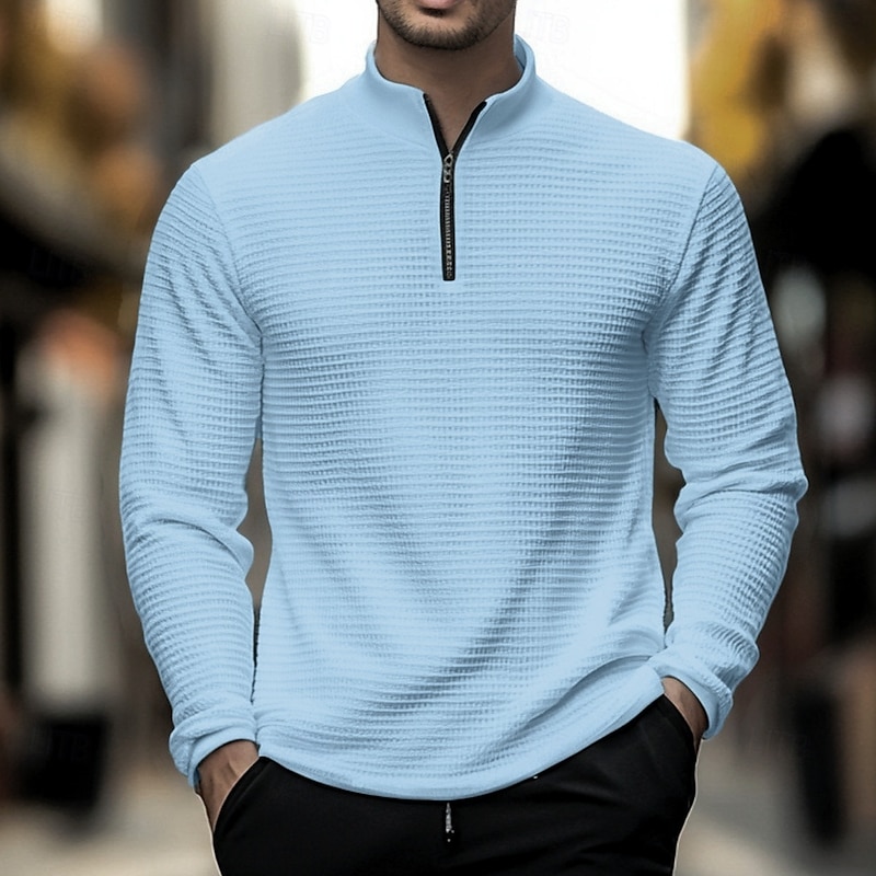 Men's Waffle Polo Shirt Waffle T Shirt Sports Outdoor Cycling / Bike Standing Collar Quarter Zip Long Sleeve Fashion Modern Solid Color Knitted Spring &  Fall Standard Fit Light Blue Black White Dark4
