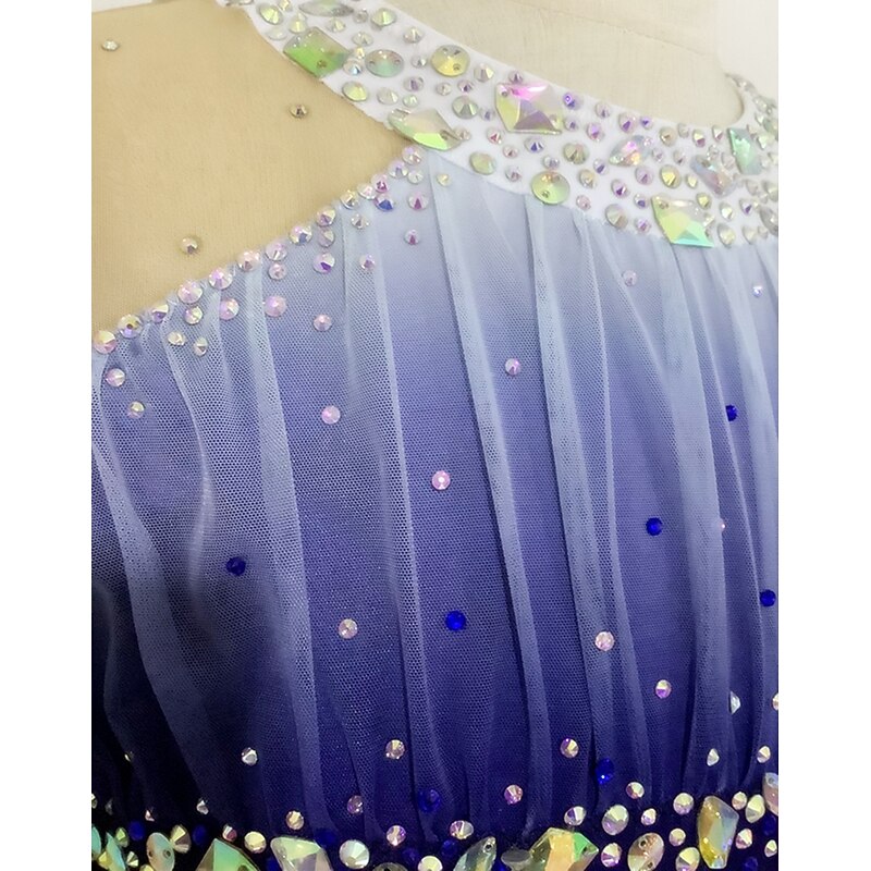 Figure Skating Dress Women's Girls' Ice Skating Dress Dark Grey Dark Blue Thumbhole Halo Dyeing Mesh Spandex Stretchy Training Practice Professional Skating Wear Thermal Warm Classic Crystal4