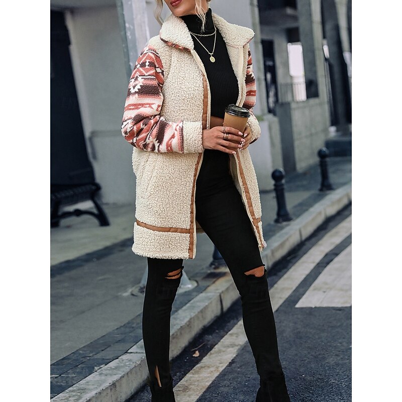 Women's Fleece Jacket Teddy Coat Hoodie Jacket Warm Breathable Zipper Pocket Fleece Lined Vintage Casual Geometric Vacation Street Daily Wear Going out Zipper Long Turndown Regular Fit Long Sleeve2