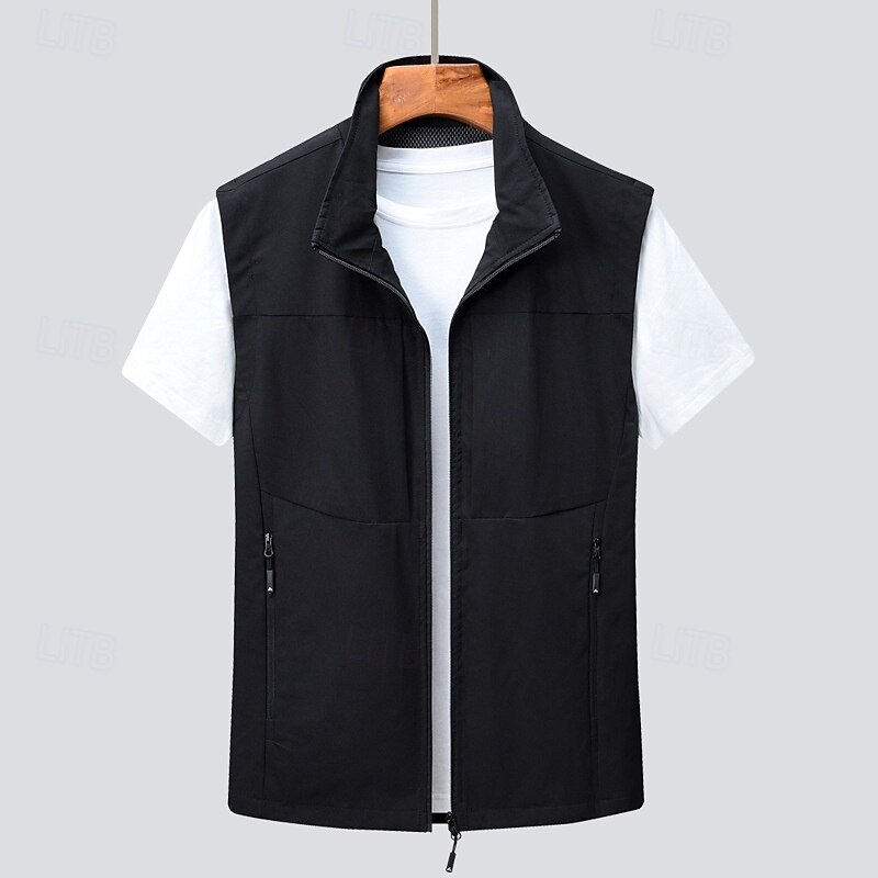 Men's Vest Gilet Fishing Vest Hiking Vest Daily Date Vacation Fashion Casual Spring & Summer Pocket Polyester Comfortable Plain Zipper Stand Collar Regular Fit Black Khaki Army Green Dark Blue Vest3