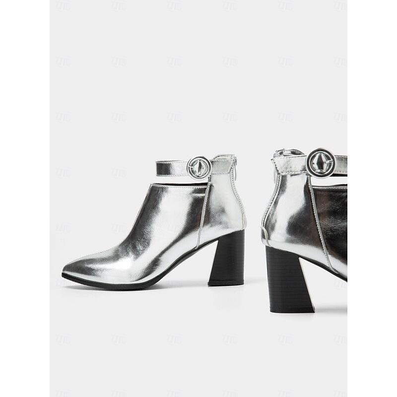Women's Metallic Silver Pointed Toe Ankle Boots with Block Heels and Ring Buckle Strap – Perfect for Parties and Fashion Events4