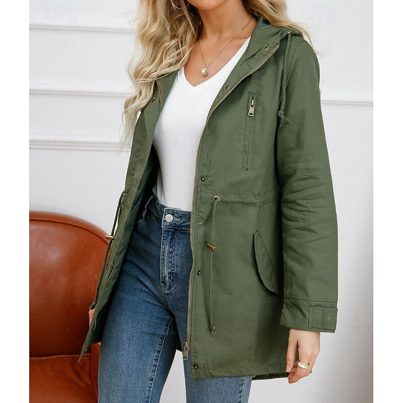 Women's Winter Coat Waterproof Windproof Zipper Outdoor Solid Color Work Casual Zipper Hoodie Loose Fit Long Sleeve Outerwear Black Green Khaki Winter2