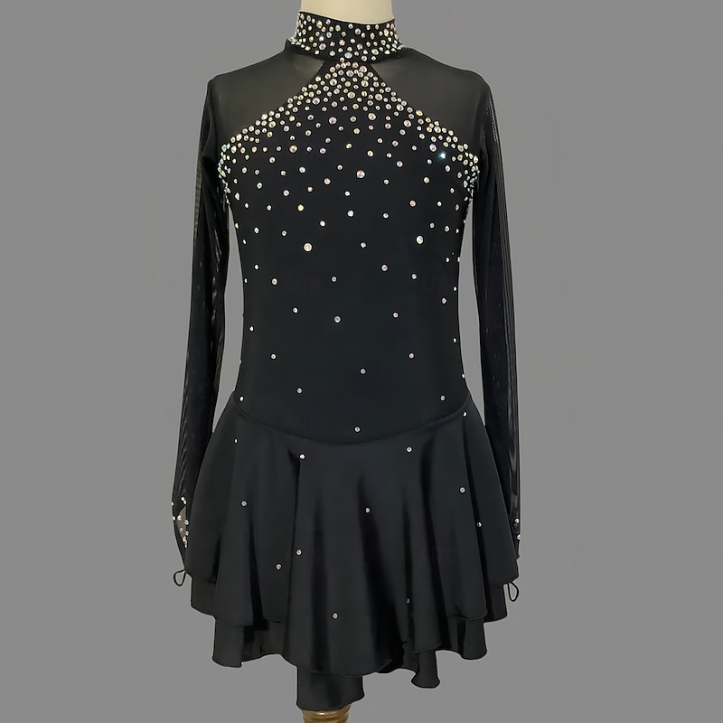 Figure Skating Dress Women's Girls' Ice Skating Dress Black Dark Navy Thumbhole Dyeing Mesh Spandex Stretchy Training Practice Professional Skating Wear Thermal Warm Classic Crystal / Rhinestone