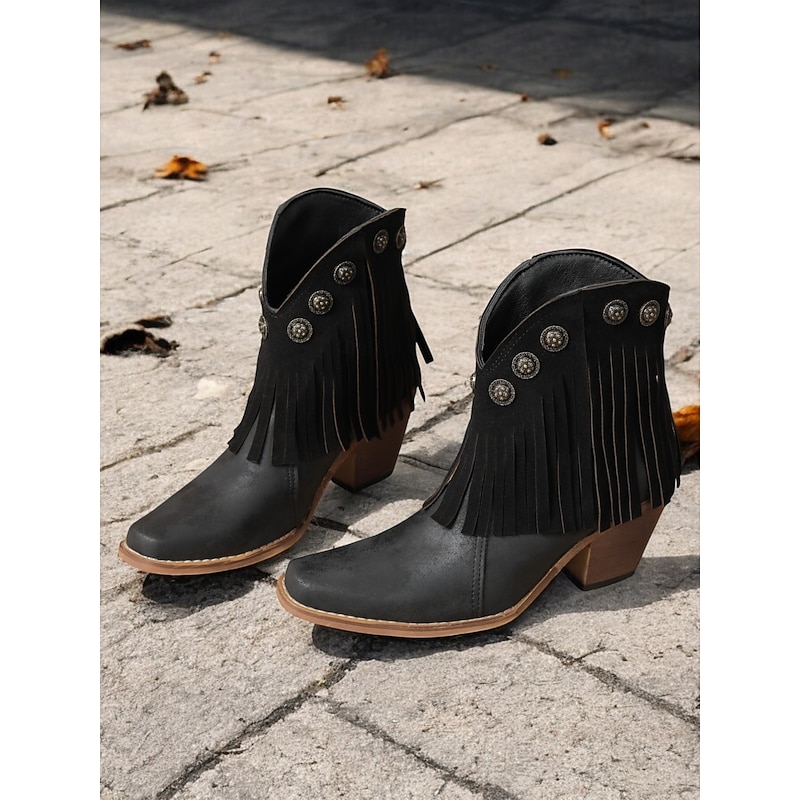 Women's Black Fringe Western Ankle Boots with Studded Accents – Vintage Style Cowgirl Booties for Casual and Festival Wear2