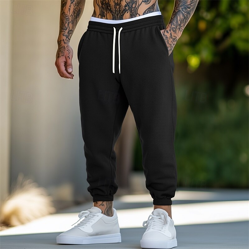Men's Sweatpants Joggers Trousers Casual Pants Waffle Pants Drawstring Elastic Waist Plain Comfort Warm Full Length Outdoor Casual Daily Sports Fashion Black White2