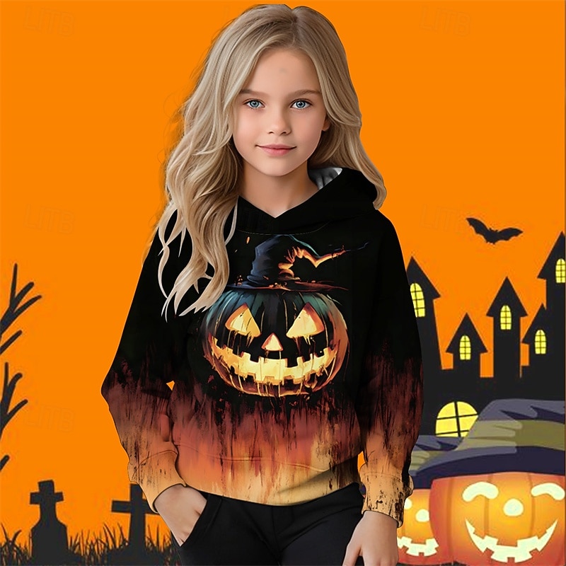 Halloween Girls' 3D Graphic Pumpkin Hoodie Long Sleeve Fall Winter Fashion Basic Polyester Kids 4-12 Years Hooded Outdoor Casual Daily Regular Fit