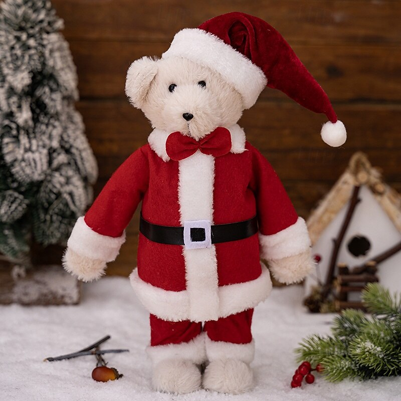 Christmas Standing Bear Plush Figurine, Cute Red Bear Ornament for Window Display, Xmas Gift for Kids, Holiday Plush Doll Decor