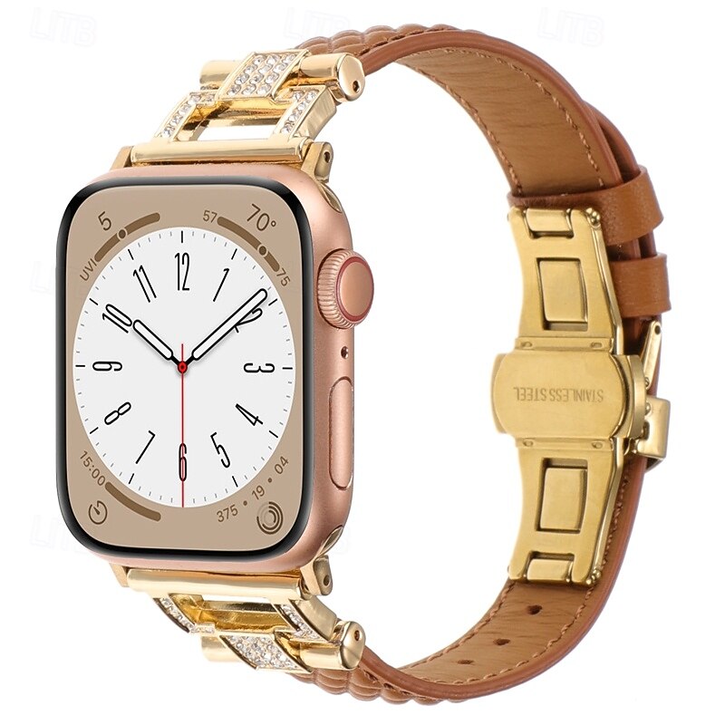 Leather Band Compatible with Apple Watch band 38mm 40mm 41mm 42mm 44mm 45mm 49mm Elastic Bling Diamond Butterfly Buckle Genuine Leather Rhinestone Strap Replacement Wristband for iwatch Ultra 24