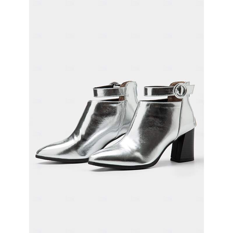 Women's Metallic Silver Pointed Toe Ankle Boots with Block Heels and Ring Buckle Strap – Perfect for Parties and Fashion Events2
