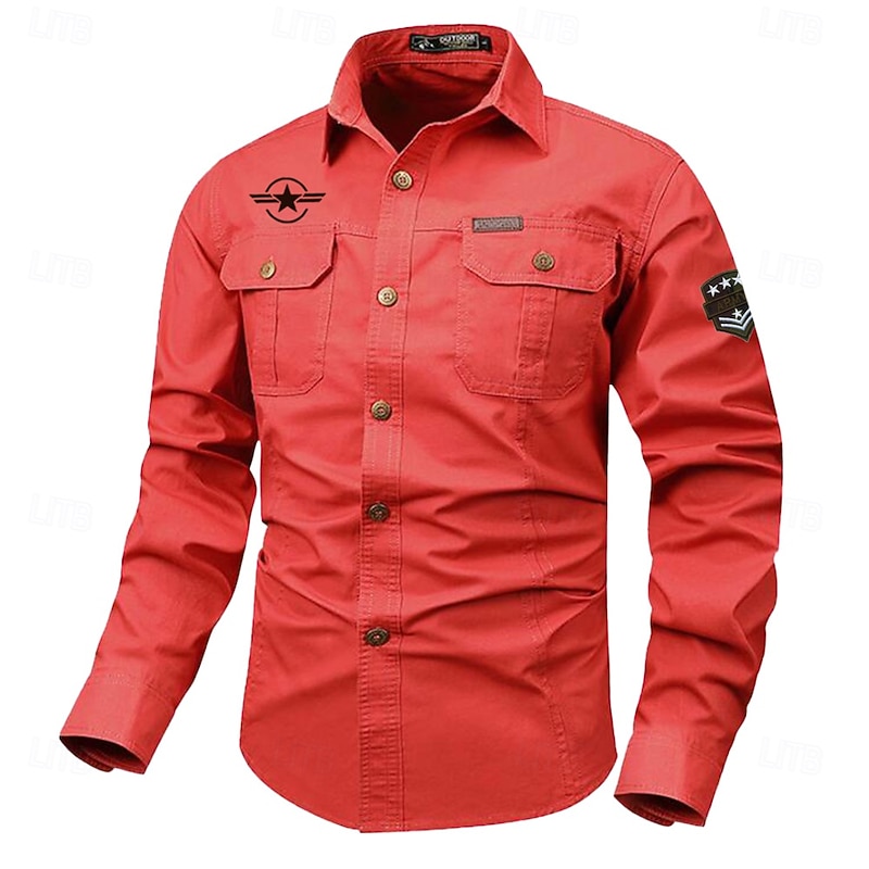 Men's Solid Color Work Shirt Western Shirt Cargo Shirt Long Sleeve Casual Tactical Sports & Outdoor Going out Winter Spring &  Fall Turndown Print Black White Red Blue Khaki2