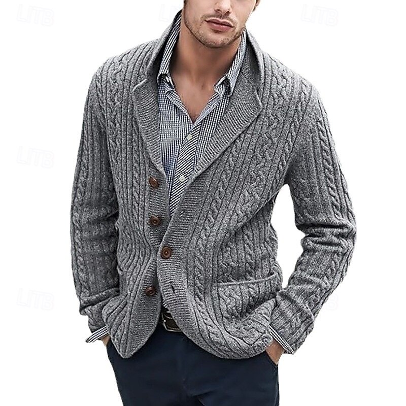 Men's Cardigan Sweater Knit Sweater Cable Knit Regular Button Up Side Pockets Solid Color Lapel Fashion Classic Daily Wear Date Clothing Apparel Fall & Winter Black Blue M L XL2