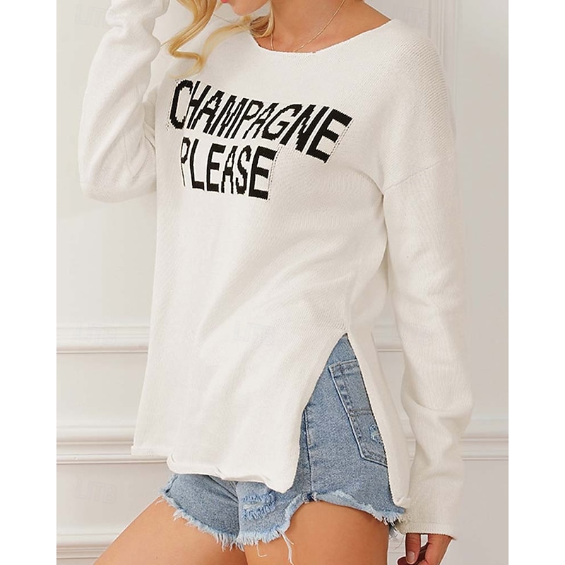 Women's Logo Sweater Crew Neck Knit Knitted Fall Winter Streetwear Work Going out Casual Long Sleeve Print White Brown3