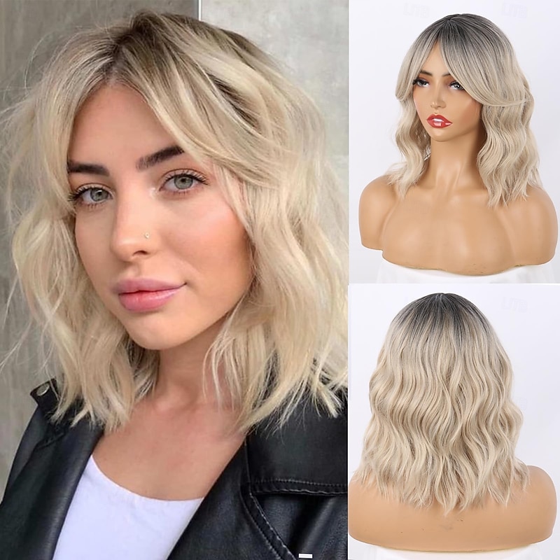 Short Wavy Bob Wig with Curtain Bangs,Short Wavy Wig with Dark Roots Bob Wigs for Women Natural Looking Bob Wavy Wig with Bangs