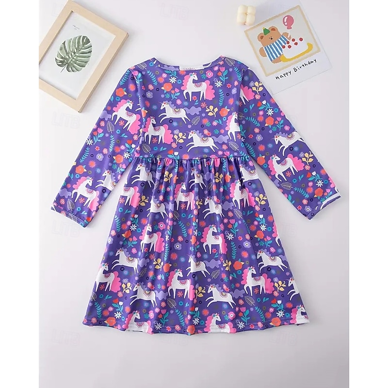 Girls' 3D Graphic Unicorn Dress Long Sleeve Summer Spring Vacation Daily Holiday Beautiful Sweet Kids 4-12 Years Casual Dress A Line Dress Knee-length Regular Fit2