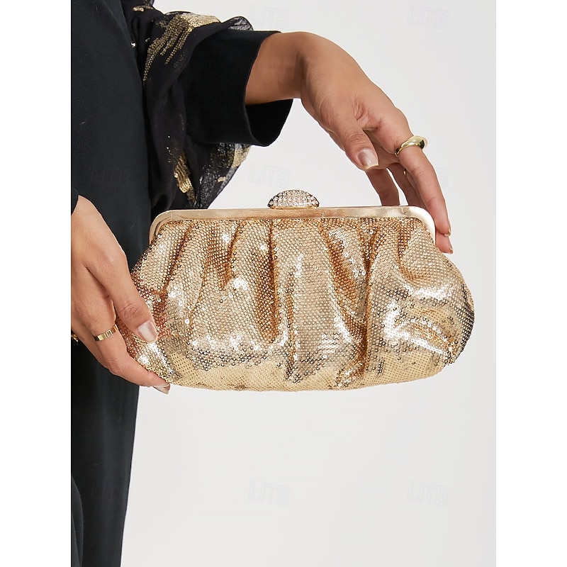 Women's Gold Sequin Evening Clutch Bag with Chain Strap – Elegant Bridal or Party Purse for Special Occasions3