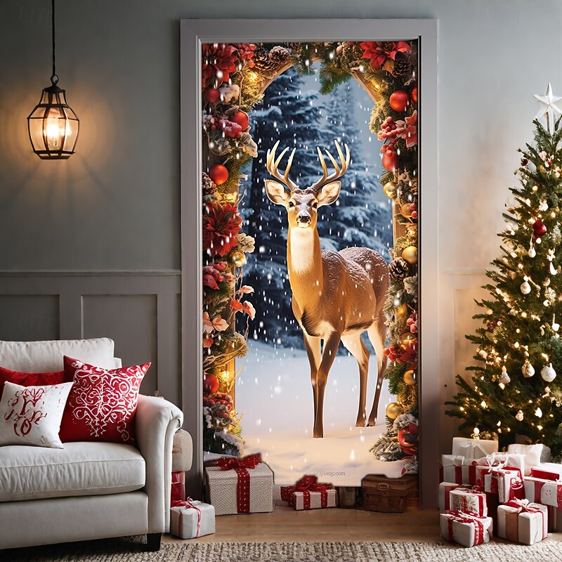 Christmas Door Decorations Door Covers Xmas Reindeer Door Tapestry Door Curtain Decoration Backdrop Door Banner for Front Door Farmhouse Holiday Party Decor Supplies Indoor/Outdoor4