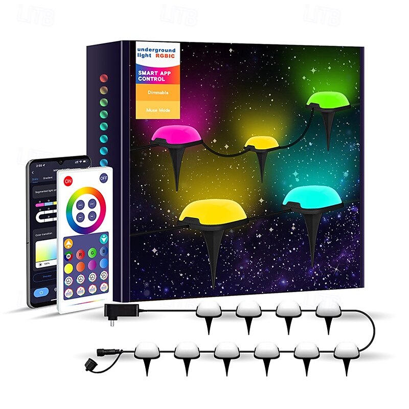 RGBIC Permanent Outdoor Ground Floor String Lights, Outdoor Waterproof Lights Garden Decorative, Magic Wifi Intelligent Tuya Bluetooth Remote Control Ground Plug Lamp 10M 15 Leds IP673