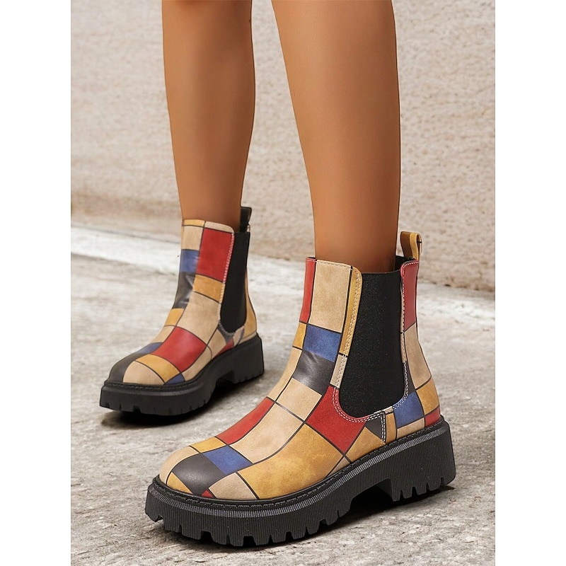 Women's Multicolor Patchwork Chelsea Boots – Modern Chunky Sole with Elastic Side Panels for Retro and Casual Styling