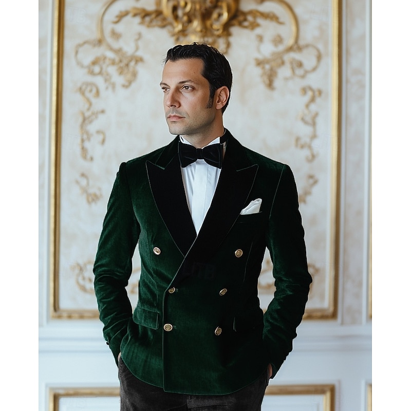Men's Blazer Jacket Tuxedo Closure collar Vintage Party Velvet Patchwork Solid Colored Blazer Burgundy Green Standard Fit