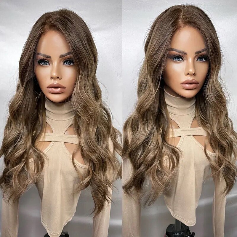Remy Human Hair 13x4 Lace Front Wig Middle Part Peruvian Hair Wavy Multi-color Wig 130% 150% Density Ombre Hair Highlighted / Balayage Hair Natural Hairline Glueless Pre-Plucked For Women Long Human