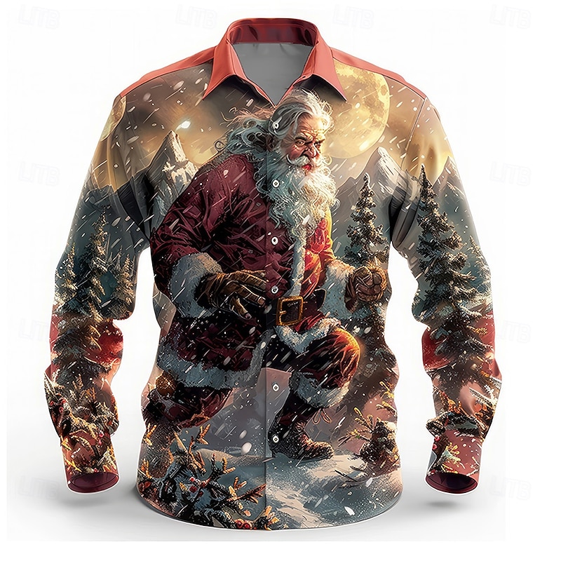 Christmas Men's Santa Claus Printed Shirts Santa Claus Casual Button Up Long Sleeve Party Evening Daily Fall Winter Spring & Summer Collar Button Up 3D Print Thin Red Polyester