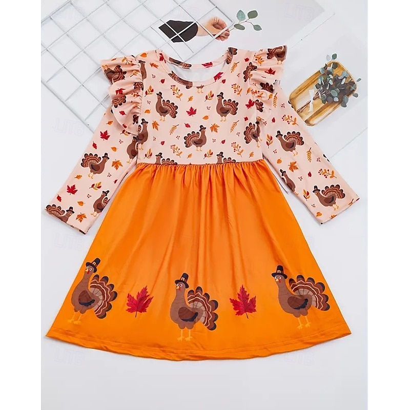 Thanksgiving Girls' 3D Graphic Animal Chick Dress Ruffle Dress Long Sleeve Summer Spring Vacation Daily Holiday Beautiful Sweet Kids 4-12 Years Casual Dress A Line Dress Knee-length Regular Fit