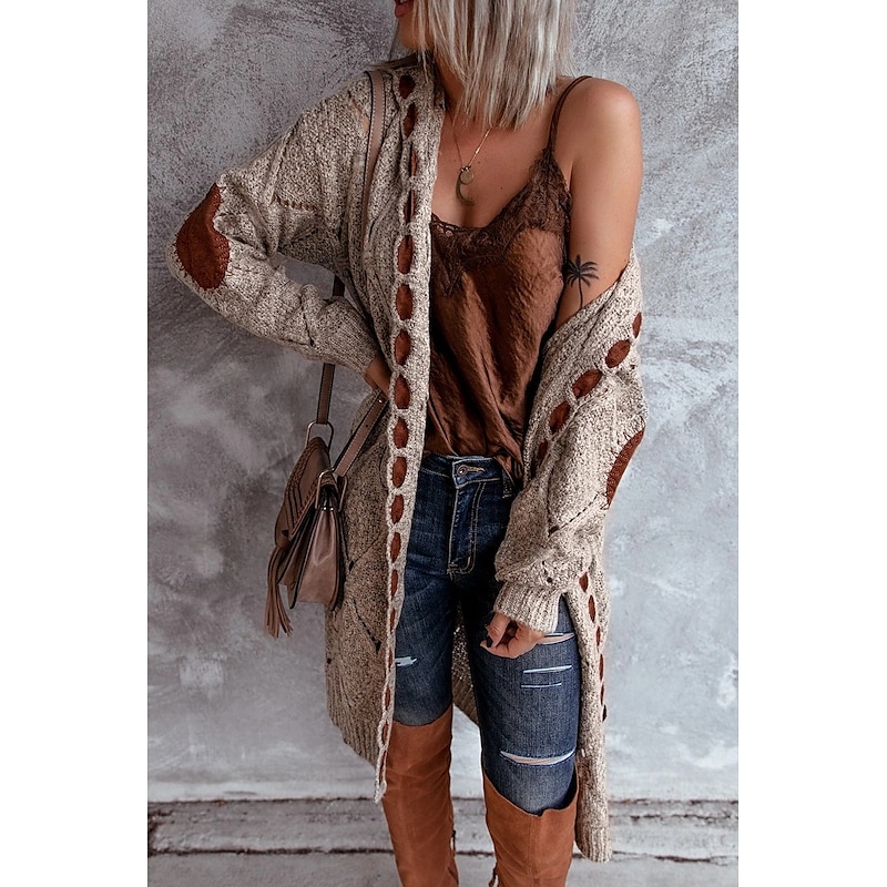Women's Cardigan Vintage Streetwear Daily Geometric Cable Hooded Lace up Long Sleeve Long Tops Knit Work Holiday Going out Khaki Fall Winter4