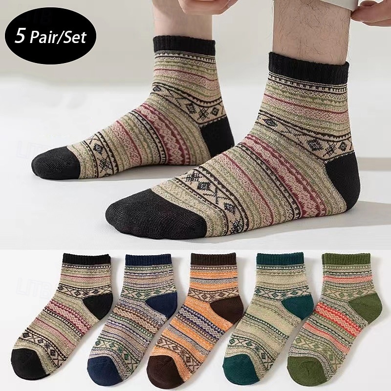 Men's 5 Pairs Multi Packs Socks Crew Socks Casual Socks Brown Color Stripes Daily Vacation Medium Spring Fall Fashion Casual