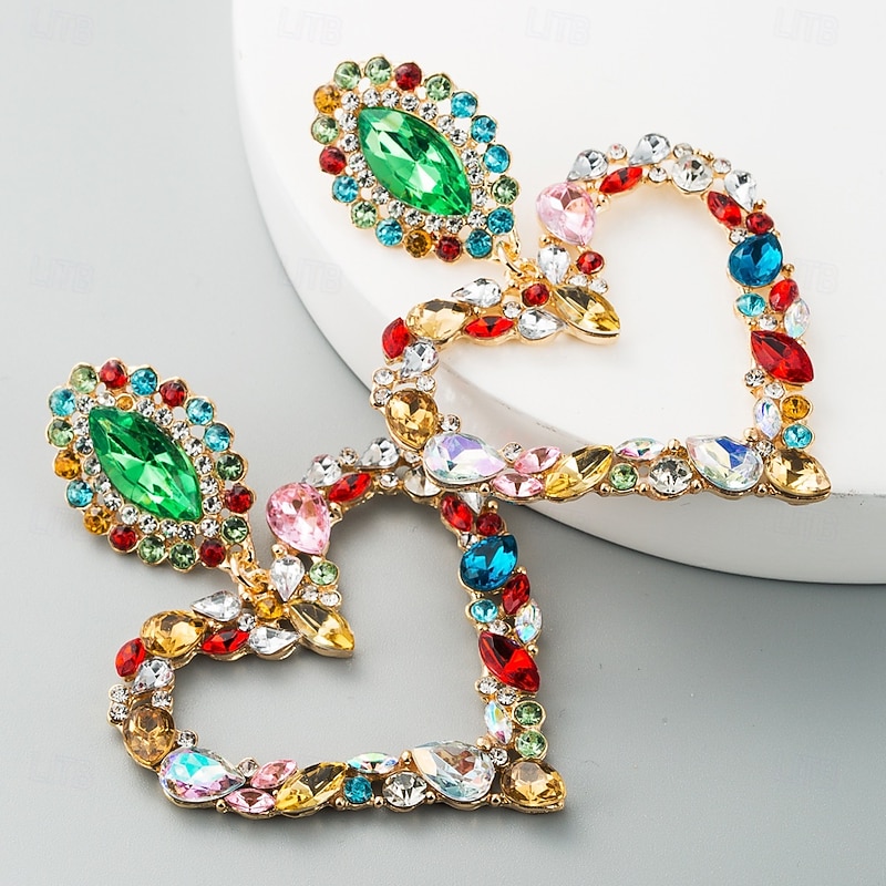 Women's Heart Shaped Colorful Crystal Statement Earrings – Glamorous Rhinestone Dangle Jewelry for Weddings, Parties, and Special Occasions3