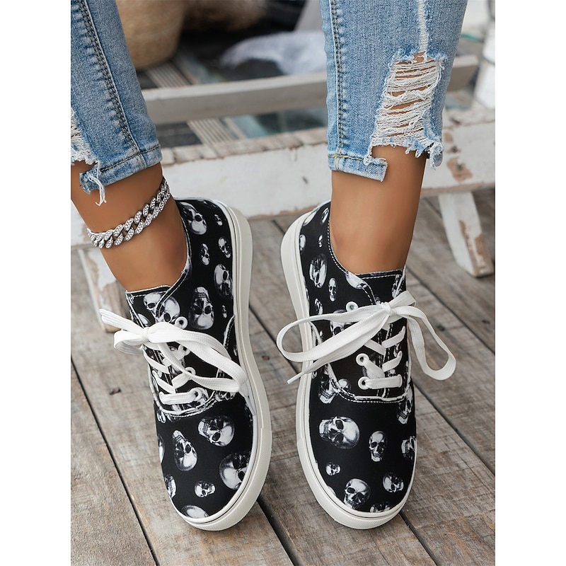 Women's Skull Print Lace-Up Sneakers – Gothic Casual Low-Top Shoes with White Soles, Perfect for Halloween and Everyday Street Style3