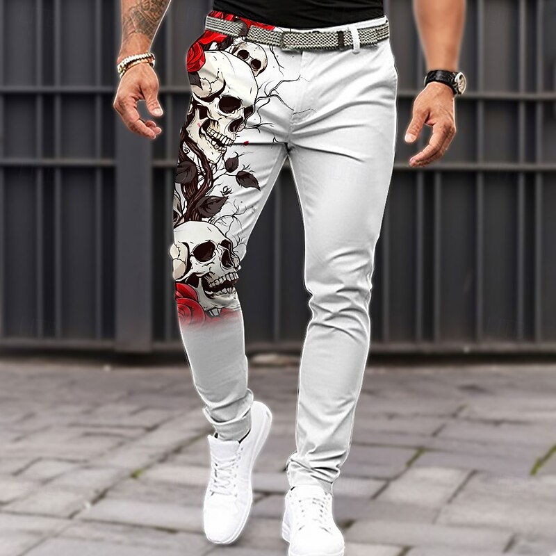 Halloween Men's Skull Rose Dress Pants Mid Waist Horror Dark Party Evening Wear Pocket Summer Spring Fall White