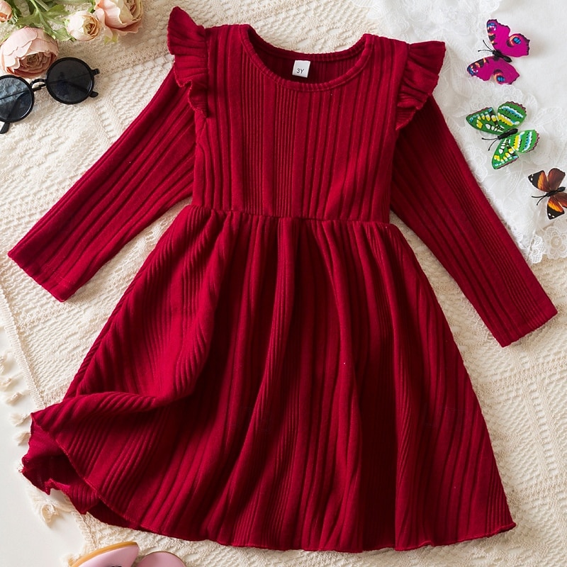 Girls' 3D Solid Color Dress Long Sleeve Summer Vacation Daily Holiday Beautiful Sweet Little Kids(4-7ys) 4-7 Years Sweater Dress Casual Dress Knee-length Regular Fit