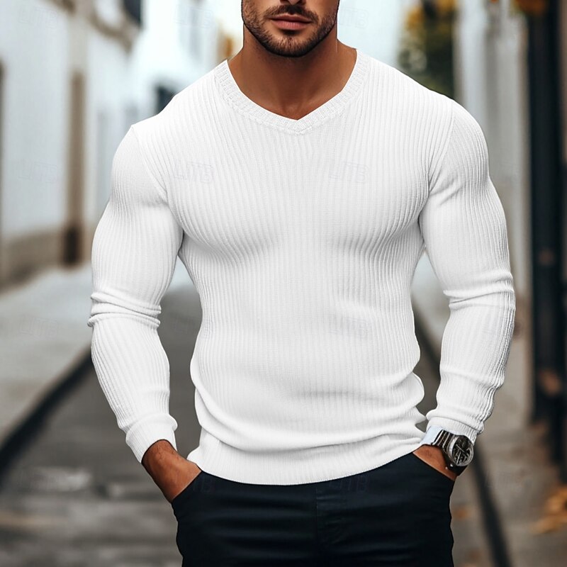 Men's T Shirt Muscle Shirt Ribbed Knit tee Tee Top Long Sleeve V Neck Summer Plain Pit Strip Fashion Designer Basic Ribbed Vacation Street Going out Black White Burgundy Top Tee for Men