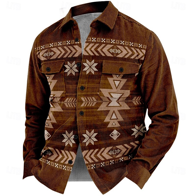 Men's Ethnic Cowboy Corduroy Shirt Shirt Jacket Overshirt Long Sleeve Vintage Tribal Outdoor Dailywear Fall & Winter Turndown Collared Shirts Buttons 3D Print 2 Pockets 1pc Brown