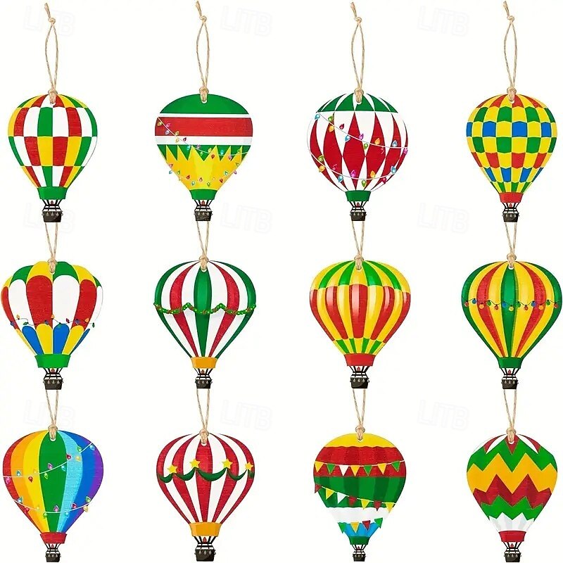 24pcs Christmas Wooden Ornaments Set - Vintage Wooden Hot Air Balloon Style for Seasonal & Festival Home Decoration, with Hanging Rope, Ideal for Thanksgiving, Christmas & Halloween Xmas Decoration