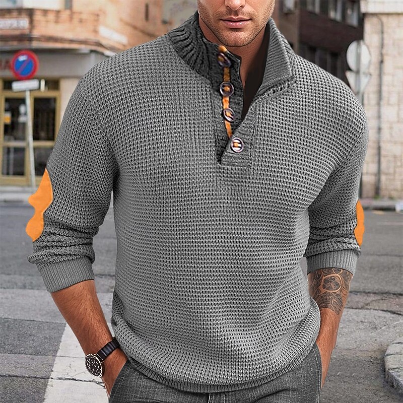 Men's Pullover Sweater Jumper Cable Knit Sweater Patch Sweater Ribbed Knit Regular Knitted Plain Stand Collar Vintage Keep Warm Daily Wear Going out Clothing Apparel Fall Winter Black Royal Blue M L 6