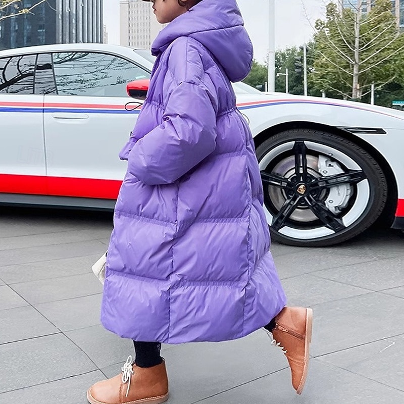 Kids Girls' Down Coat Puffer Jacket Solid Color Fashion Pocket School Coat Outerwear 4-12 Years Fall Black