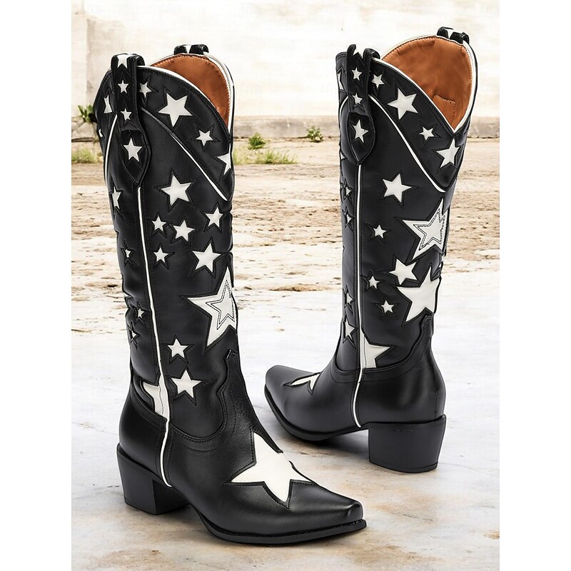 Women's Black Star-Patterned Western Cowboy Boots with White Contrast Embellishments – Stylish Faux Leather Boots for Rodeo, Country, and Casual Wear3