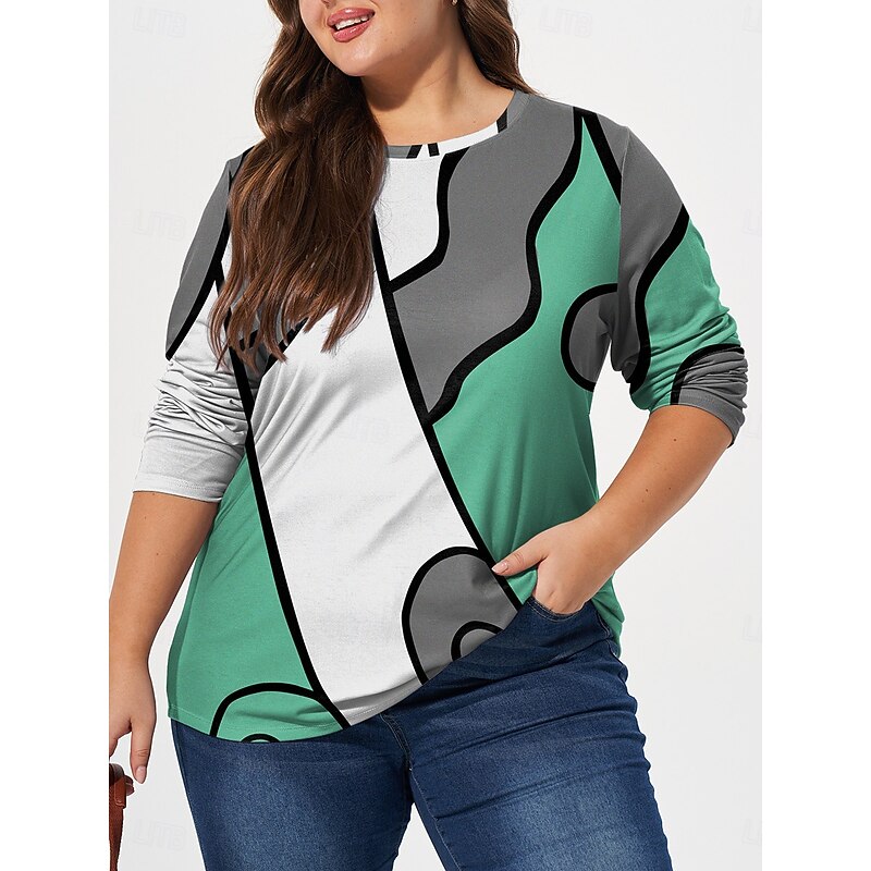 Women's Plus Size Tops T shirt Tee Color Block Print Long Sleeve Crew Neck Casual Daily Fall Winter Blue Green4