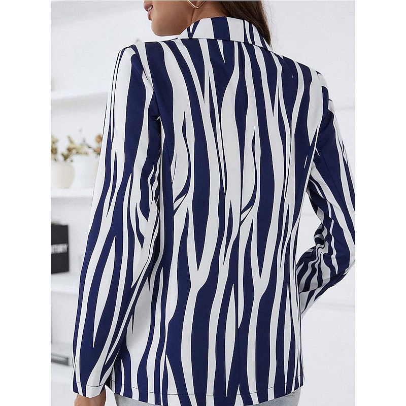 Women's Blazer Casual Work Stripe Stylish Regular Fit Outerwear Long Sleeve Spring Blue2