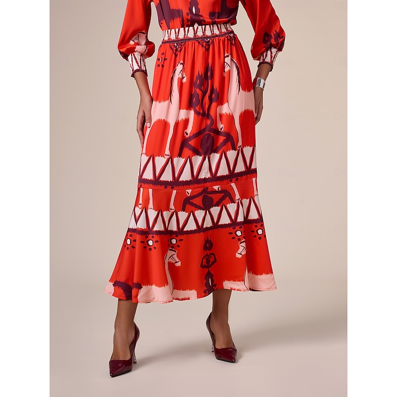 Chiffon Orange Printing Elegant Bohemia Midi Skirt